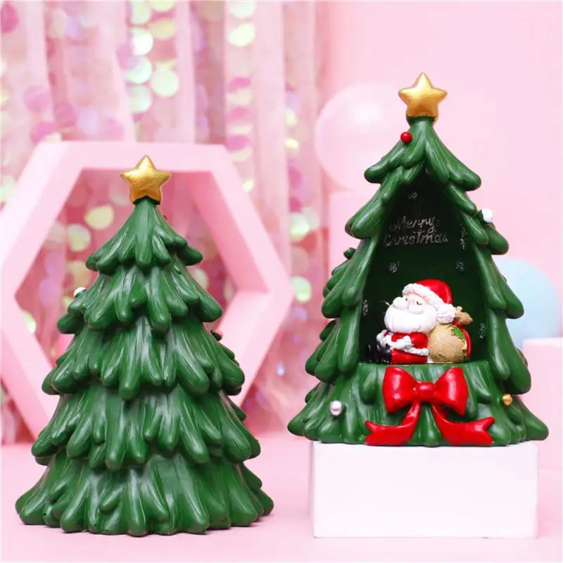 

Miniature Christmas Tree Santa Claus Resin Statue Desktop Figurines 3D Christmas Tree Luminous Decoration Navidad Noel Decor