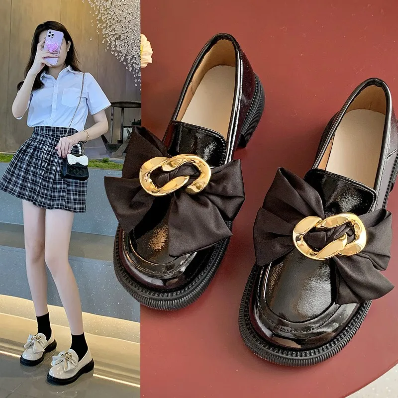 

Black Leather Shoes Women's 2022 Spring and Autumn New Retro Fashion Solid Color Bow Round Toe Low Heel Slip-on Shoes