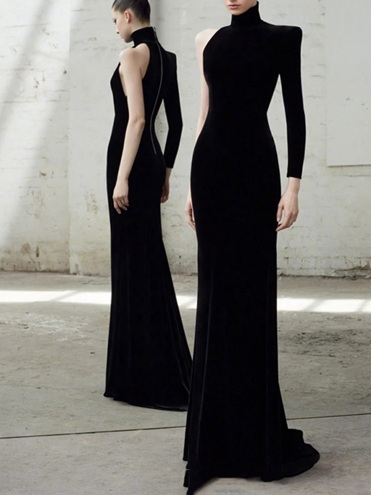 DEAT Элегантное платье асимметричное на одно плечо с высоким воротником