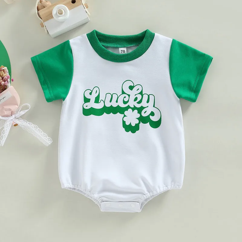 

Infant Baby Boy Girl Bodysuit Summer Clothes 2023 Cartoon Lucky Clover Letter Short Sleeve Jumpsuit 0 to 18 Months