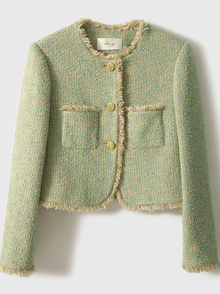 Zoki Шикарные Зеленые твидовые куртки с бахромой женская элегантная Корейская