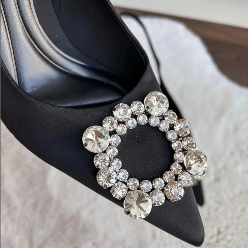 Summer Womens High Heel Shoes Crystal Slingback Pumps Black Pointed Toe Rhinestones Sandals Party Wedding Bride Heels Shoes
