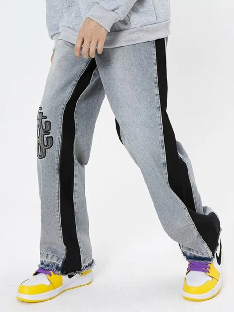 Baggy Jeans Embroidery Pattern Street Men Motorcycle Pant Pantalon Homme Trendy Jean Punk Denim Long Pants Hip Hop Jean Men