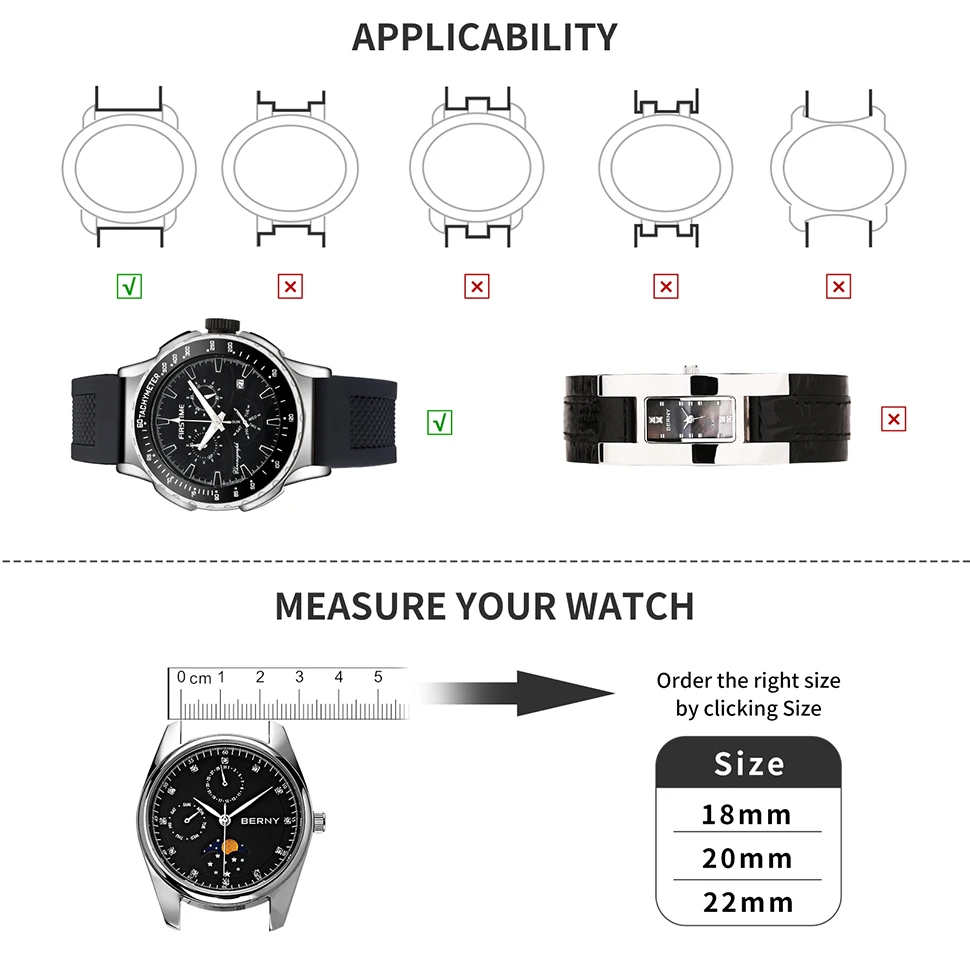 BERNY Silicone Strap Watchbands 20/22mm Black Tyre Pattern Softy Silicone Watch replace Band Skin Breathable Watch Accessories