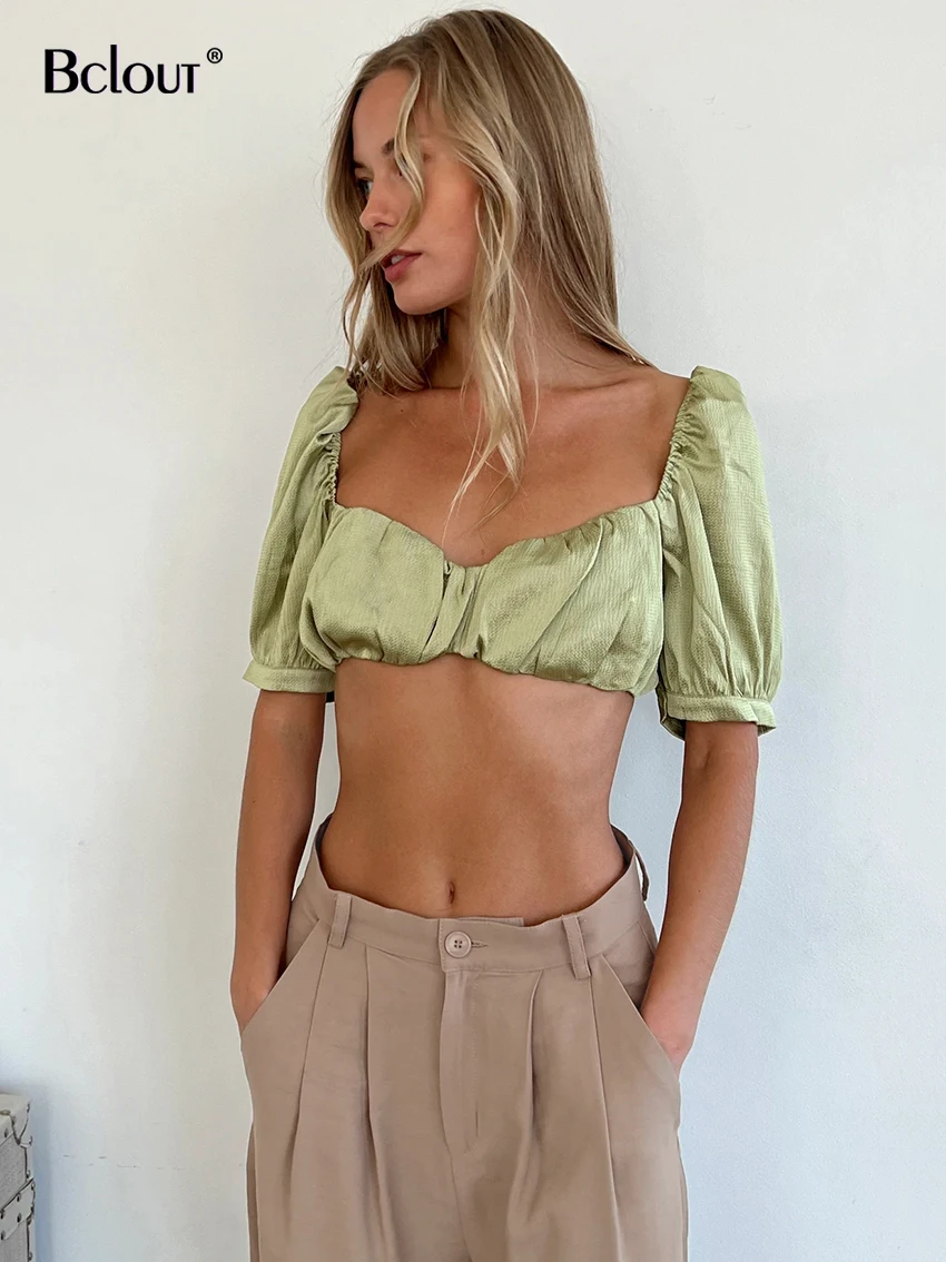 

Bclout Summer Green Satin Top Women Casual Ruched Lace-Up Backless Sexy Crop Top Beach Puff Sleeve Square Collar Blouses Female