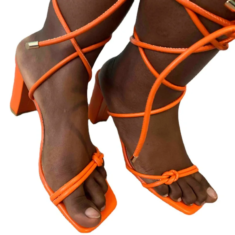 2023 Cross Bandage High Heels Sandals Women Summer Fashion Lace-Up High Heels Peep Toe Shoes Female Square Heel Ladies Sandals