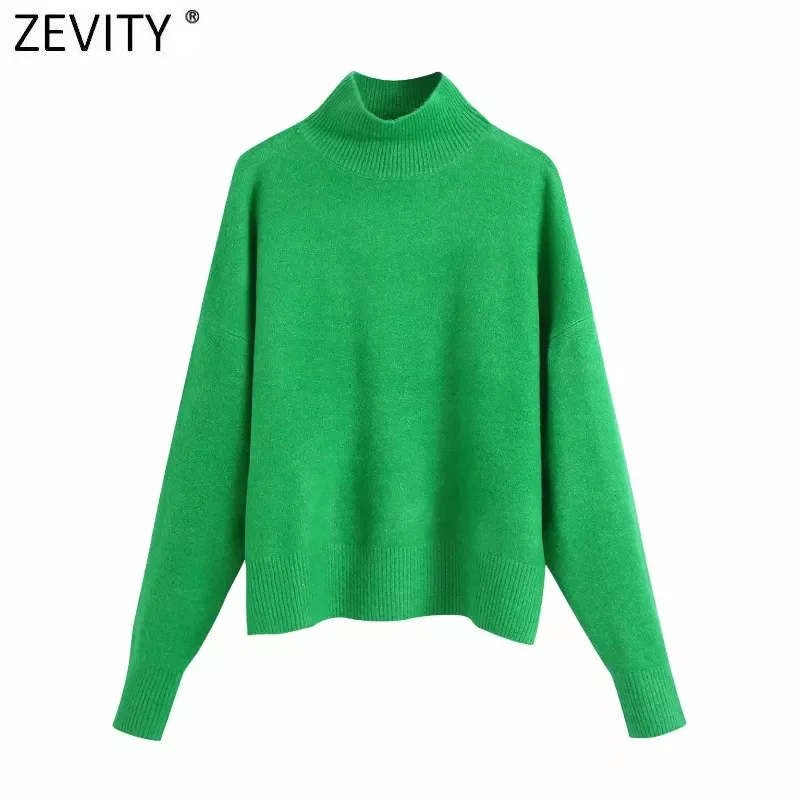 

Zevity Women Simply Mock Neck Solid Green Color Casual Knitting Sweater Female Chic Basic Long Sleeve Pullovers Brand Tops SW900