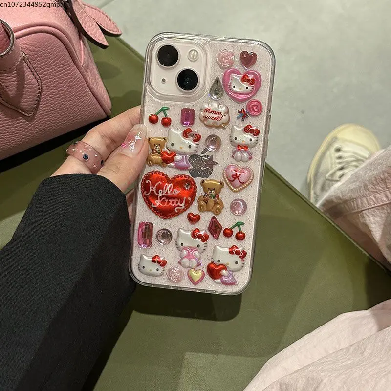 3D Sanrio Hello Kitty Sticker Glitter Phone Case for IPhone 11 12 13 14 Pro Max 14 Pro Y2k Girl Anti-drop Soft Back Cover Gift
