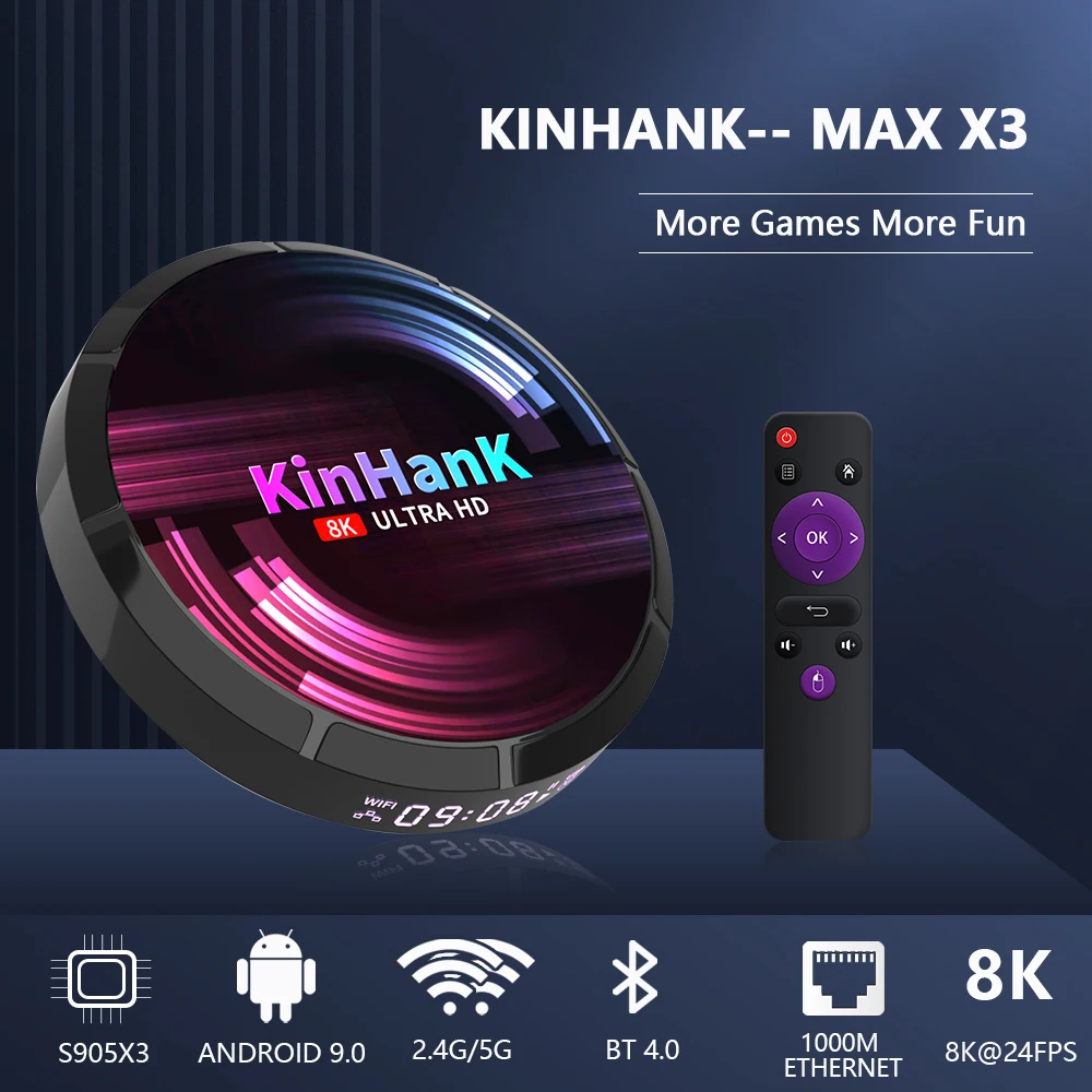 

KinHank TV BOX MAX Android TV 9.0 Support 8K@24FPS Amlogic S905X3 Smart TV Box Set Top Box For YouTube Dual Wifi Media Player