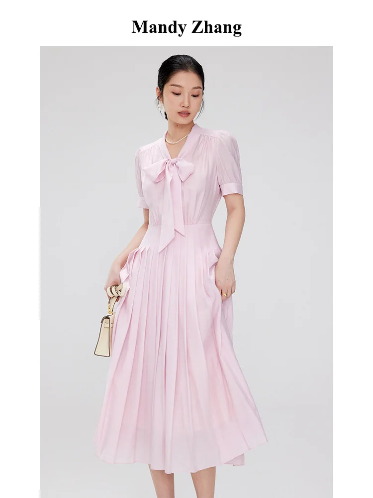 

Premium Acetic Acid Pink Ribbon Shirt Dress Women's Summer French Style Fairy Long Dress