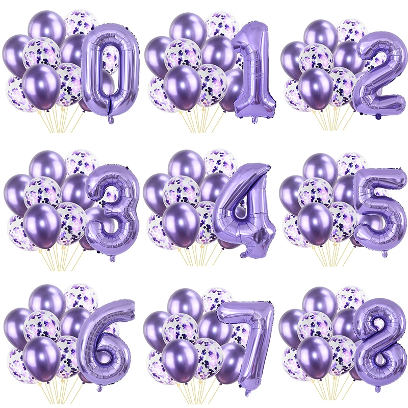 

11Pcs Purple 32inch Number Foil Balloons Sets Happy Birthday Metal Confetti Balloons For Wedding Anniversary Party Decor Globos