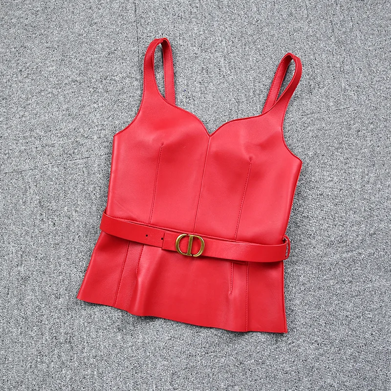 2022 New Sheepskin Camisole Lotus Leaf Hem Top Fashion High Waist Genuine Leather Jacket E25