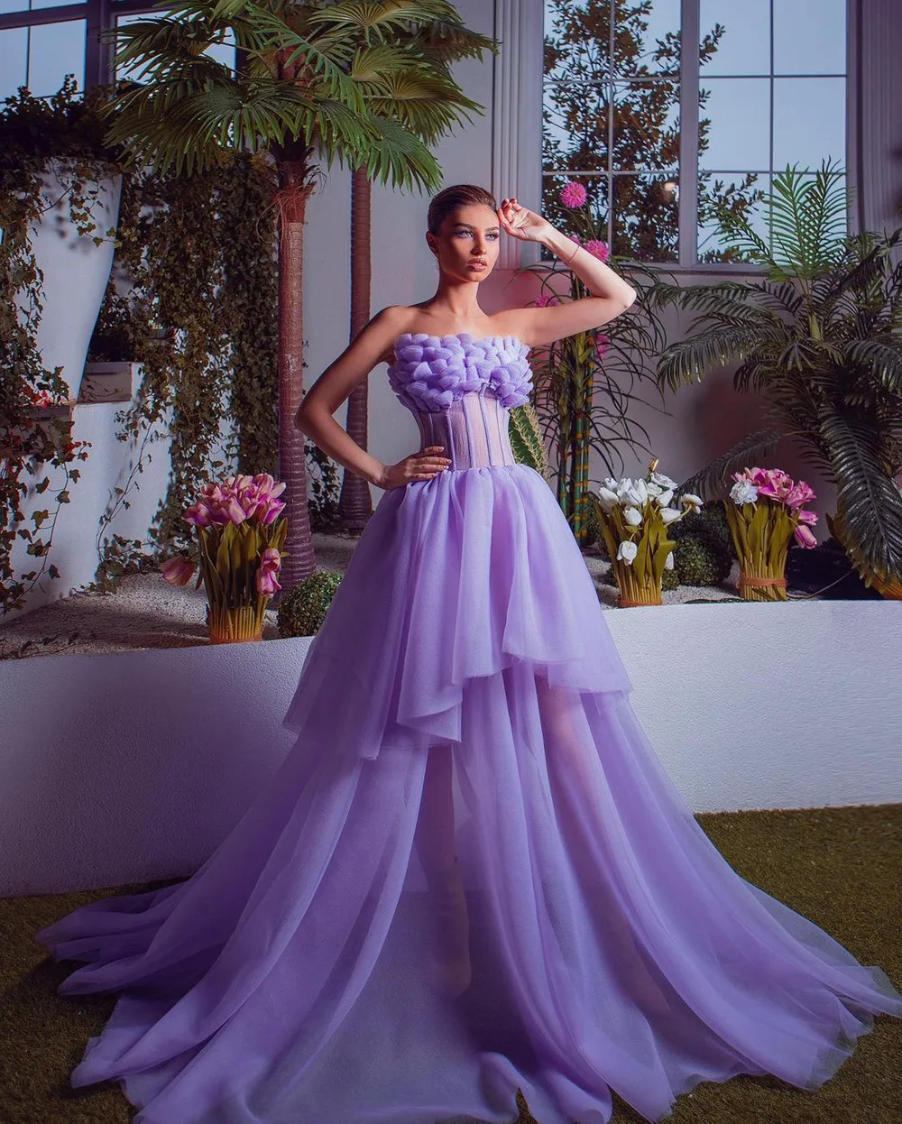 

Light Purple Tulle Wedding Dress Custom Evening Prom Dresses Ball Gown Strapless Lace Up Formal Party Dress Bridesmaid Dresses