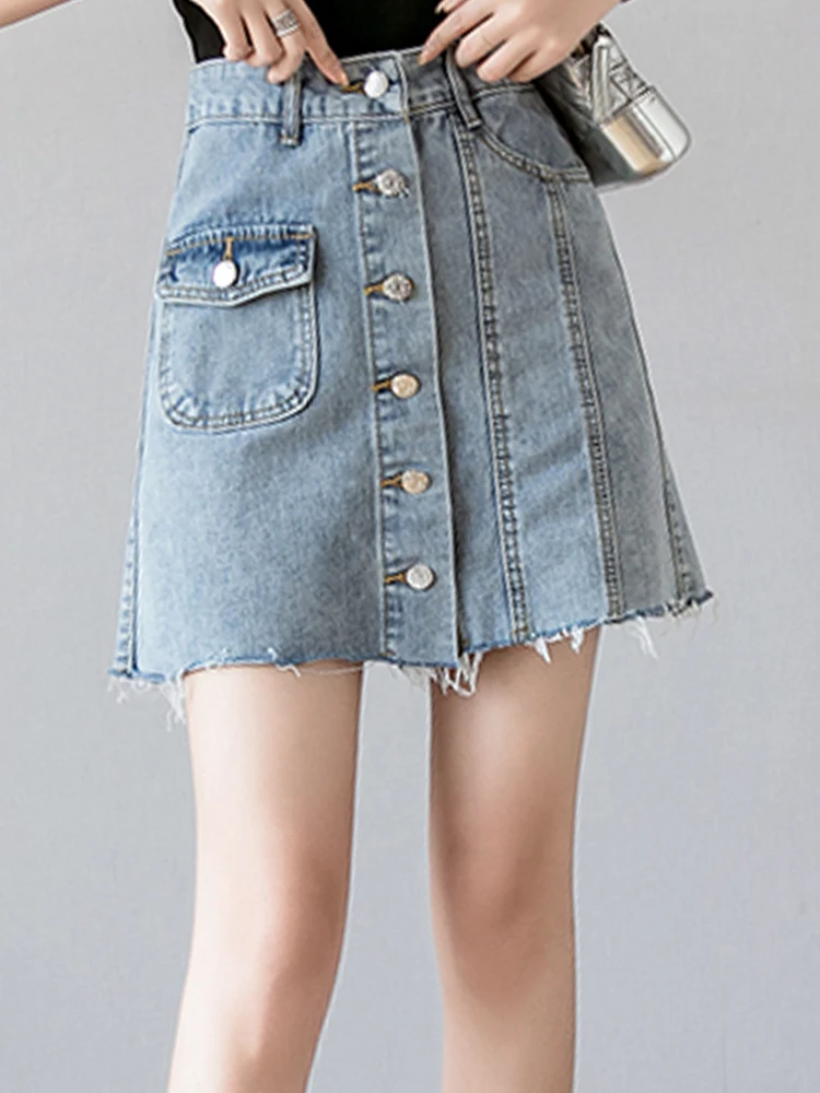 

All-match denim skirt 2022 summer new high-waisted single-breasted A-line skirt Korean fashion women's clothing
