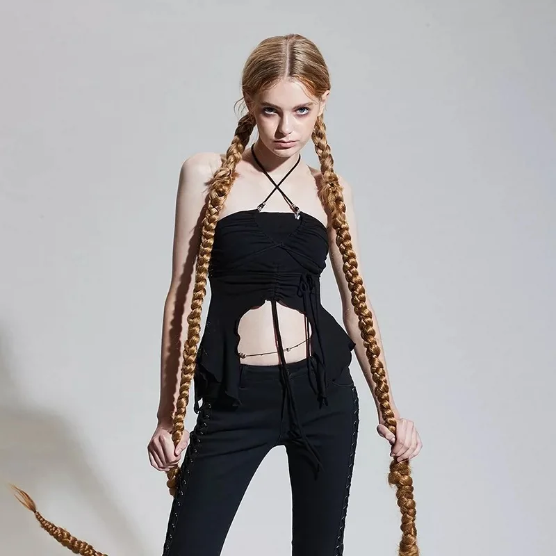 

YOZOU 2022 Summer Halter Crop Camis Top with Butterfly Pendant Lace Up Slim Bodycon Bandage Black Green Coffee Goth Maddy Kpop