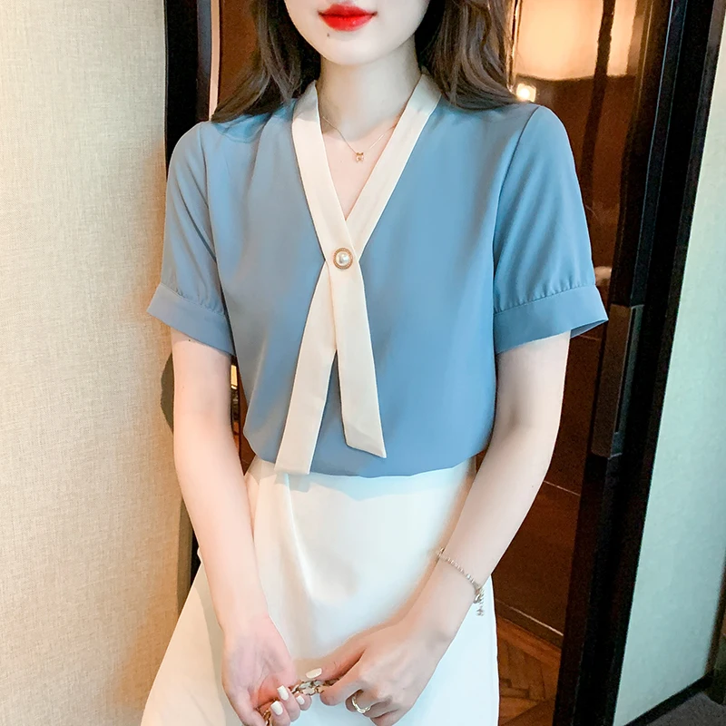 

Summer 2022 Chiffon Original Design Women Shirts Blouses Elegant Fashion V-Neck Bow Collar Women Shirt