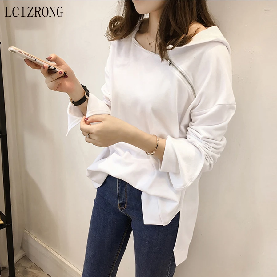 

Fashion Black White Patchwork Zipper Sweatshirt Sexy Cold Off Shoulder Hooded Hoodies Women Loose 4XL Plus Size Pullovers Female