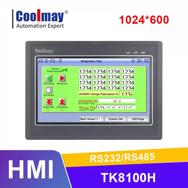 

Coolmay 10,1-дюймовая сенсорная панель HMI TK8100H RS232 RS485 Протокол Modbus с разрешением Контроллер промышленного монитора Industrail