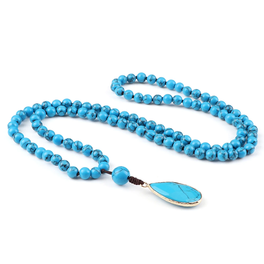 

6mm Blue Pine Stone 108 Mala Necklaces 6mm Natural Stone Beaded Elastic Necklaces for Men Women Charm Yoga Paryer Jewelry Gifts
