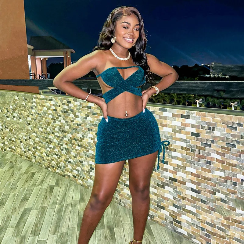 

Женское блестящее облегающее мини-платье Wishyear 2022, пикантный комплект из двух предметов, топ с перекрестной шнуровкой и юбка, клубная одежда