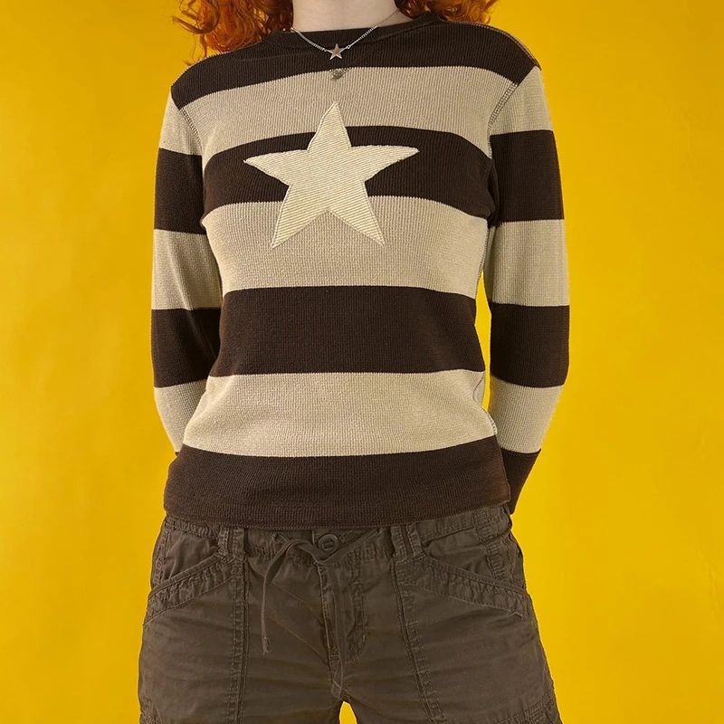 

Y2K Retro Grunge Sweaters Knitwear Vintage Star Patched Striped Knitted Pullovers Autumn Spring Long Sleeve O-neck Jumpers
