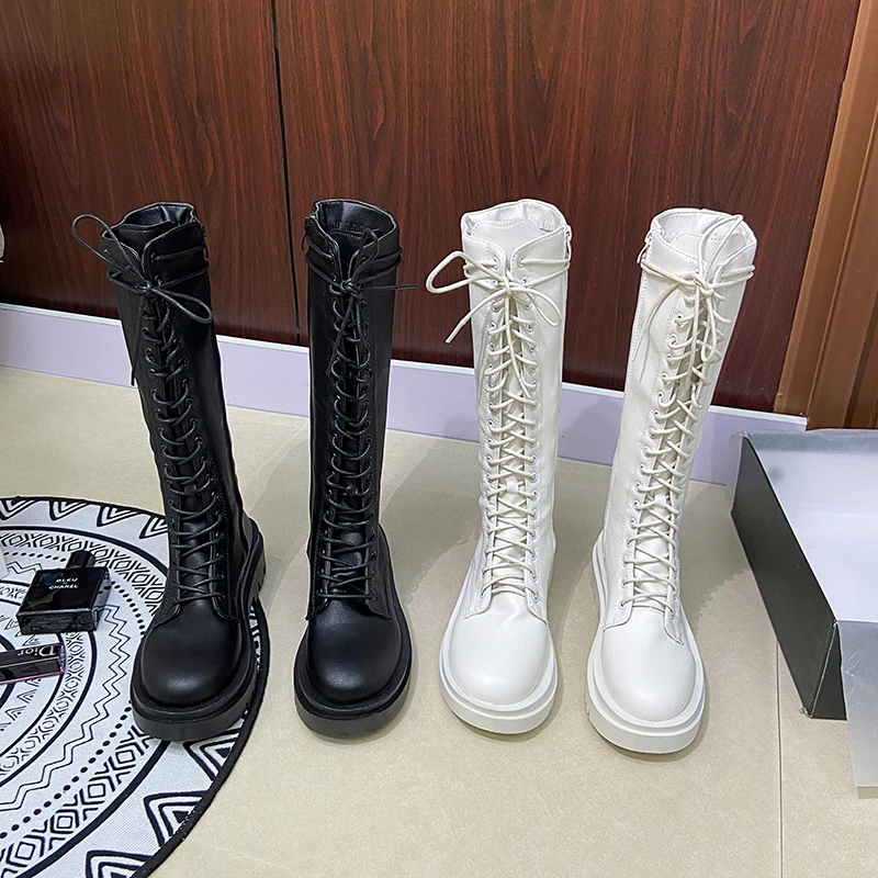 2022 new winter knight boots lace-up side zipper knee-length long tube flat bottom thick bottom black white large size 43