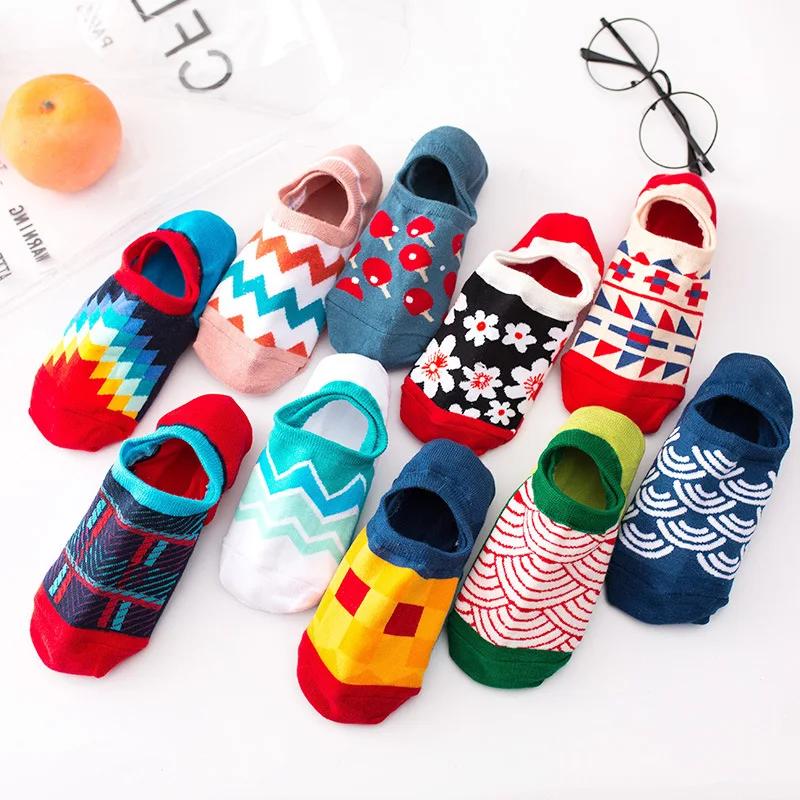 

Socks Retro Casual Geometric Pattern Ladies Cotton Socks Sweat-absorbent Breathable Boat Socks Non-slip Invisible Socks