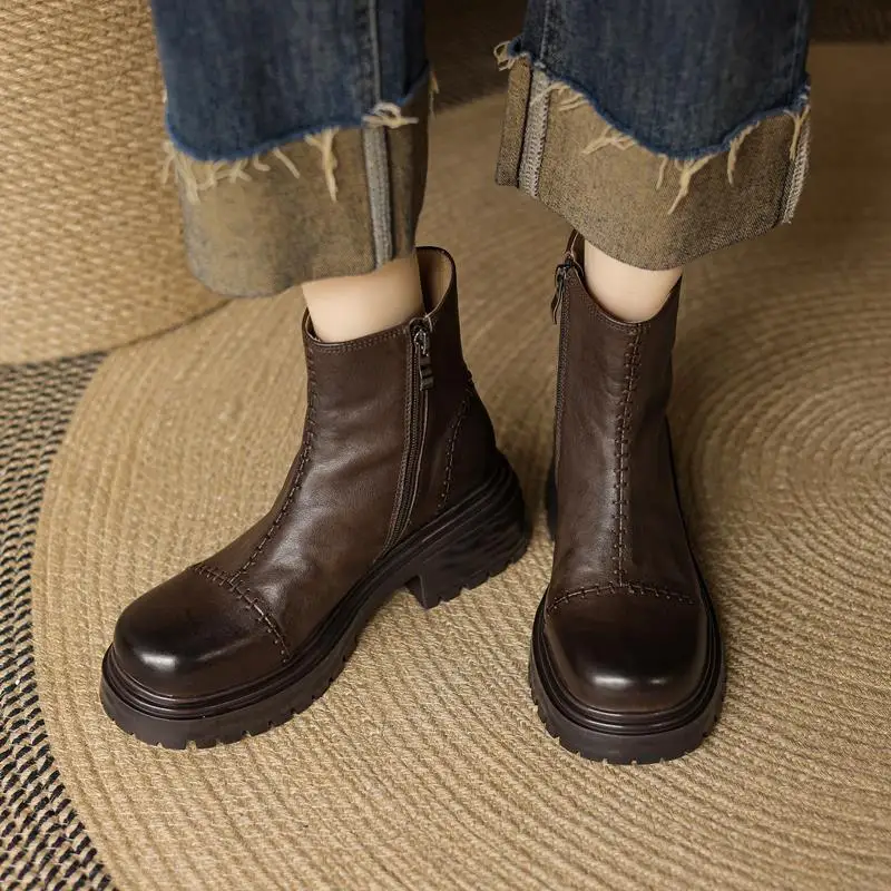 MORAZORA Plus Size 34-41 New Genuine Leather Boots Women Zipper Round Toe Platform Ankle Booties Black Brown Ladies Shoes