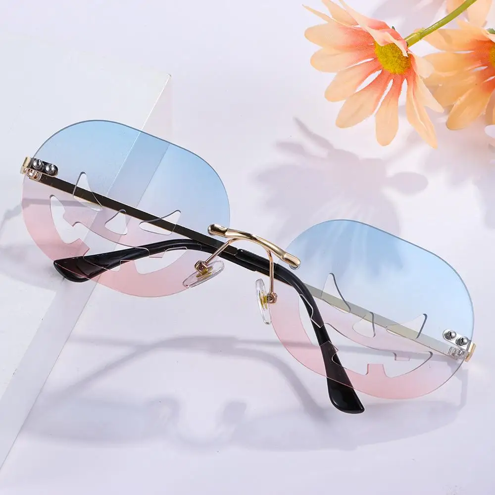 

Солнечные очки без оправы в форме тыквы для мужчин и женщин, аксессуар от солнца в овальной оправе из сплава, в стиле панк