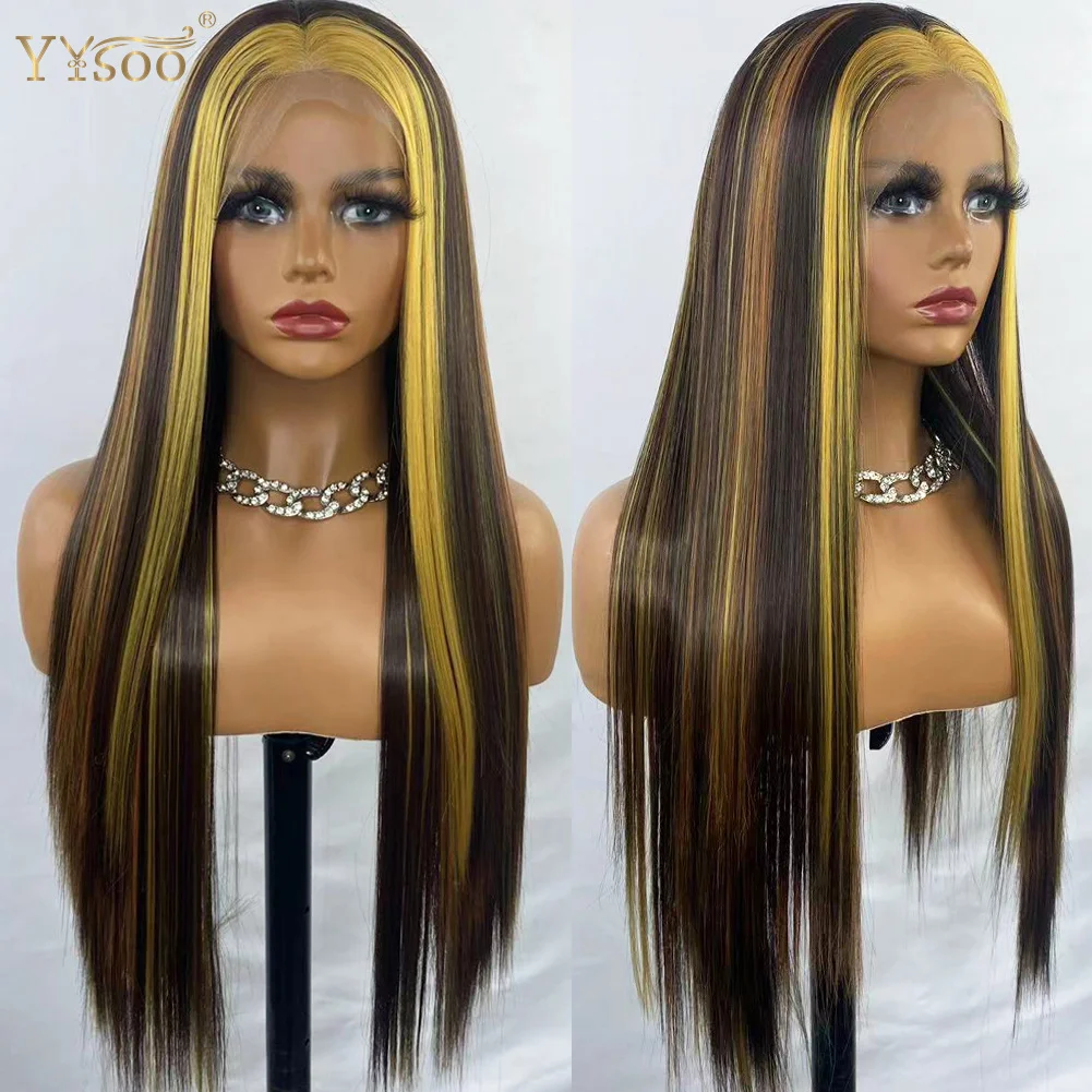 YYsoo Long Yellow Mixed Color 13x4 Lace Front Wig Pre Plucked Highlights Futura Synthetic Glueless Silky Straight Wigs For Women