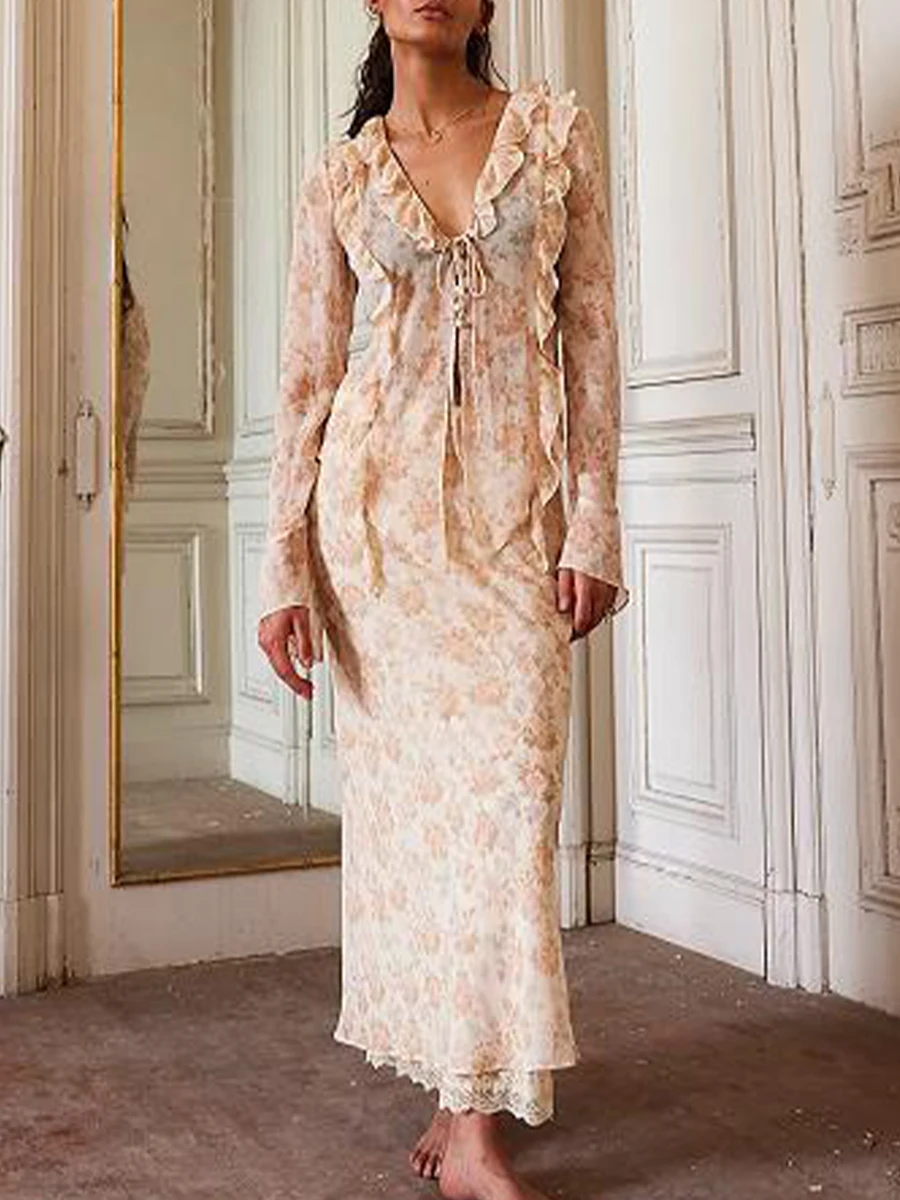 

Женская винтажная юбка с цветочным принтом, длинная облегающая юбка с оборками, V-образным вырезом и длинным рукавом, Y2K, летний комплект из 2 предметов