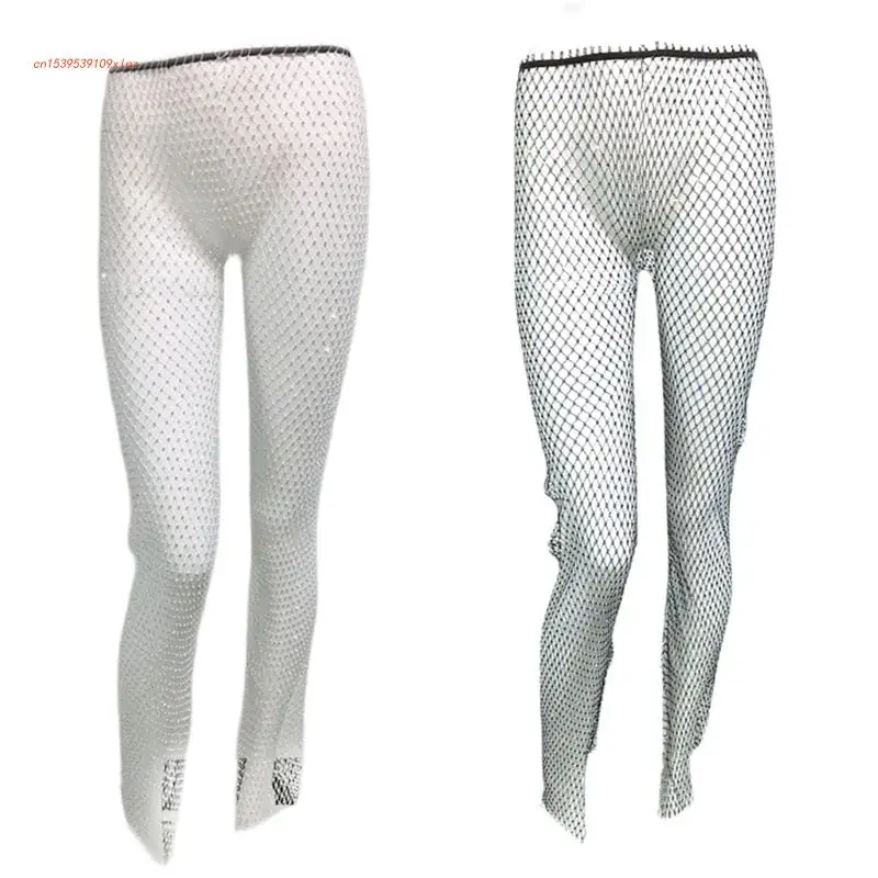 

Sparkly Rhinestones Mesh Fishnet Pants See Through Bottoms Slit Bikini Cover Up Trousers Leggings Clubwear for Women