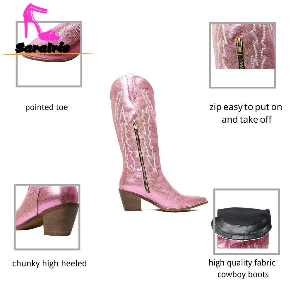 Western Boots For Women 2023 Shiny Pink Zip Embroidery Cowboy Boots Autumn Winter Cowgirl Mid Calf Boots Great Quality Boots