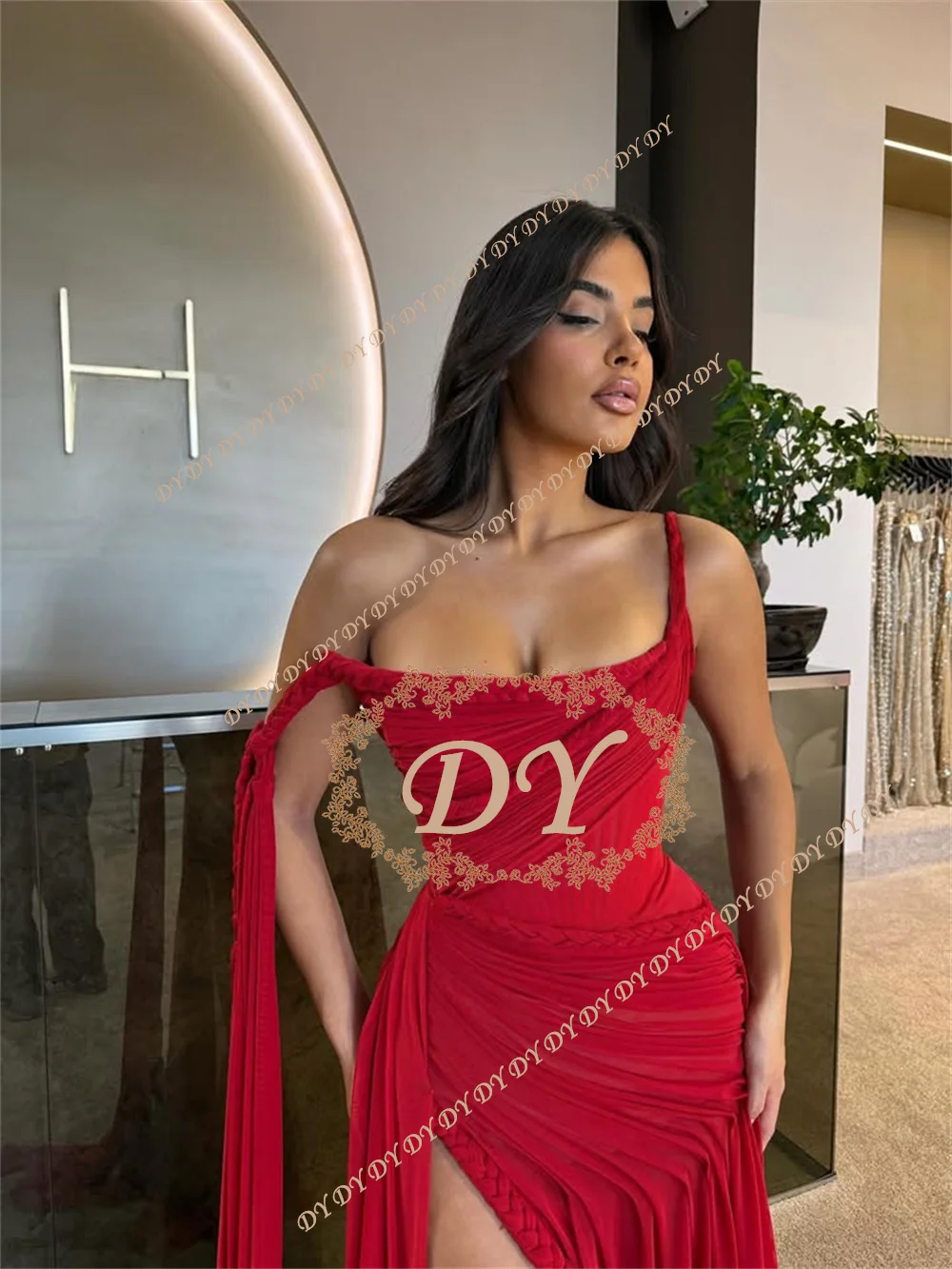 Фото Вечернее платье DY Modest Satin A-Line для женщин, на одно плечо, с плиссировкой, для выпускного вечера, с корсетной спинкой, на заказ №1