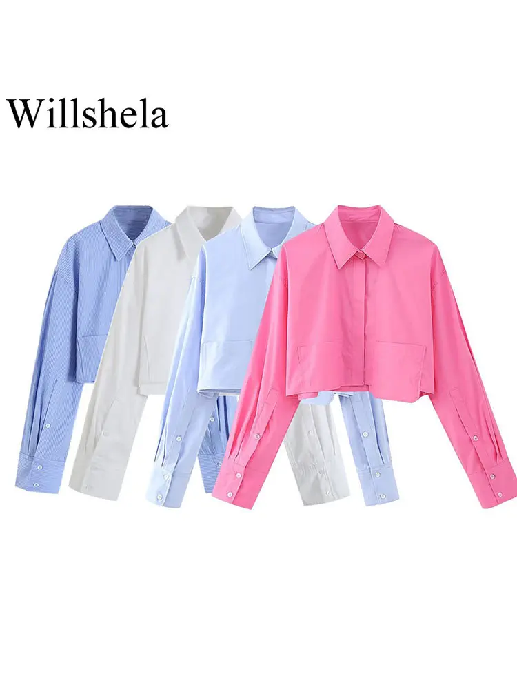 

Willshela Women Fashion With Pockets Cropped Poplin Shirt Solid Single Breasted Vintage Lapel Neck Female Chic Lady Blouse