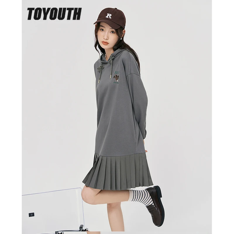 Toyouth Women Sweater Dress 2022 Autumn Long Sleeves Hooded Dress Paneled Pleated Skirt Casual Preppy Style Streetwear