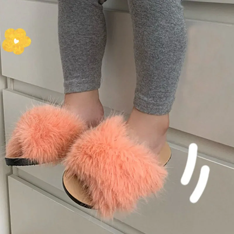 Faux Fur Slippers Children Home Flat Slides Furry Summer Shoes Soft Sole Kids Slippers for Girls Shoes Indoor Flip Flops CSH1420 images - 6