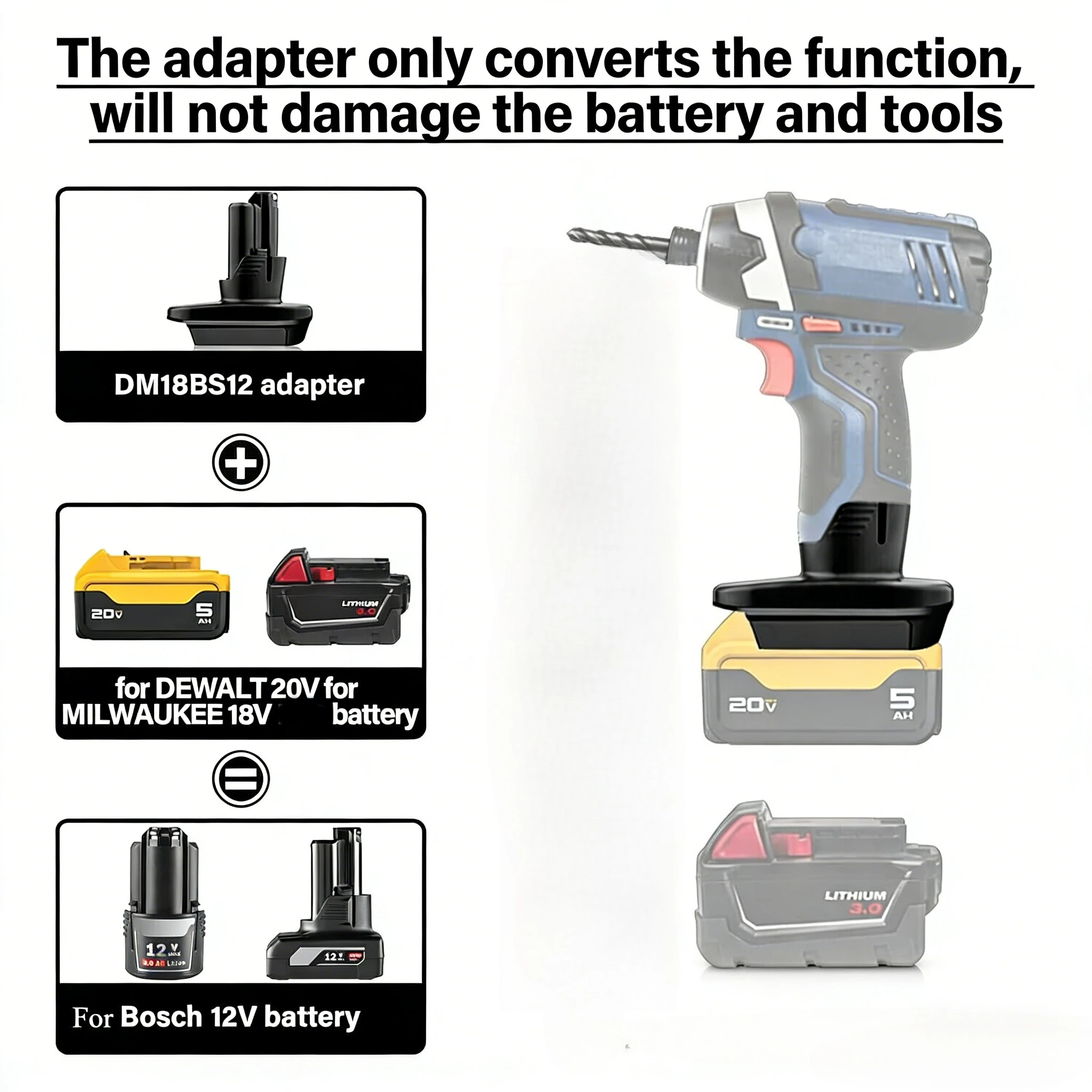 Фото Конвертер DM20BS12 для инструментов Dewalt 20V в Bosch 12V, адаптер для аккумуляторов Milwaukee 18V в Bosch 12V GBA для электроинструментов. №2