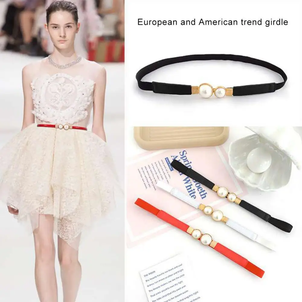 

Temperament Pearl Narrow Belt Retro Double Buckle Waist Strap Ladies Dress Elastic Belt Hook Clothing Accessories