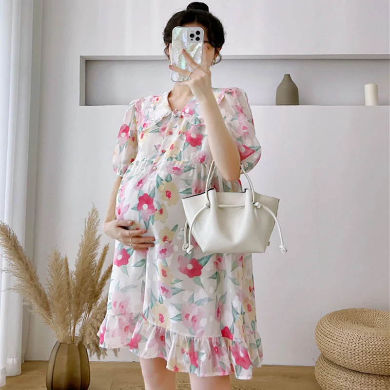 

Pregnant Women's Breast-feeding Dress 2023 Summer Sweet Style New Broken Flower Chiffon Doll Collar Pregnant Mother Feeding