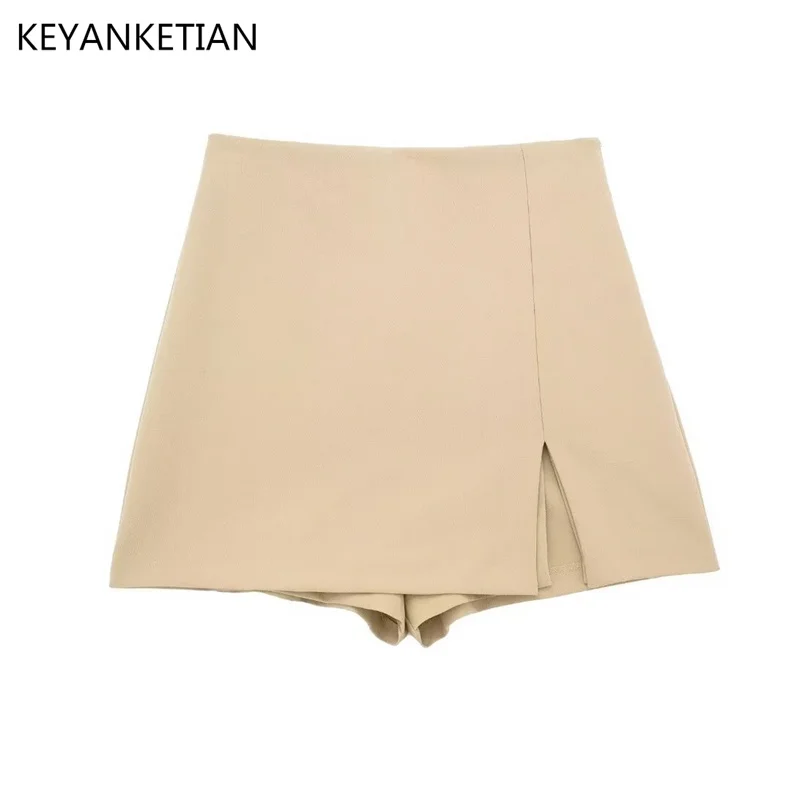 

KEYANKETIAN Summer's New Women's Zipper High-Waisted Slit Half Skirt Commuter Style Slim A-Line Short Culottes Mini Skirt