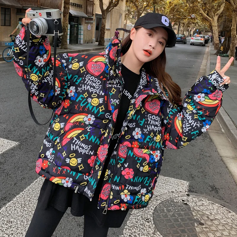 2021 New Letter Jacket Down Cotton Jackets Lady Winter Women's Korean Loose Thickening Hooded Mid-length Long-sleeve Warm Parkas