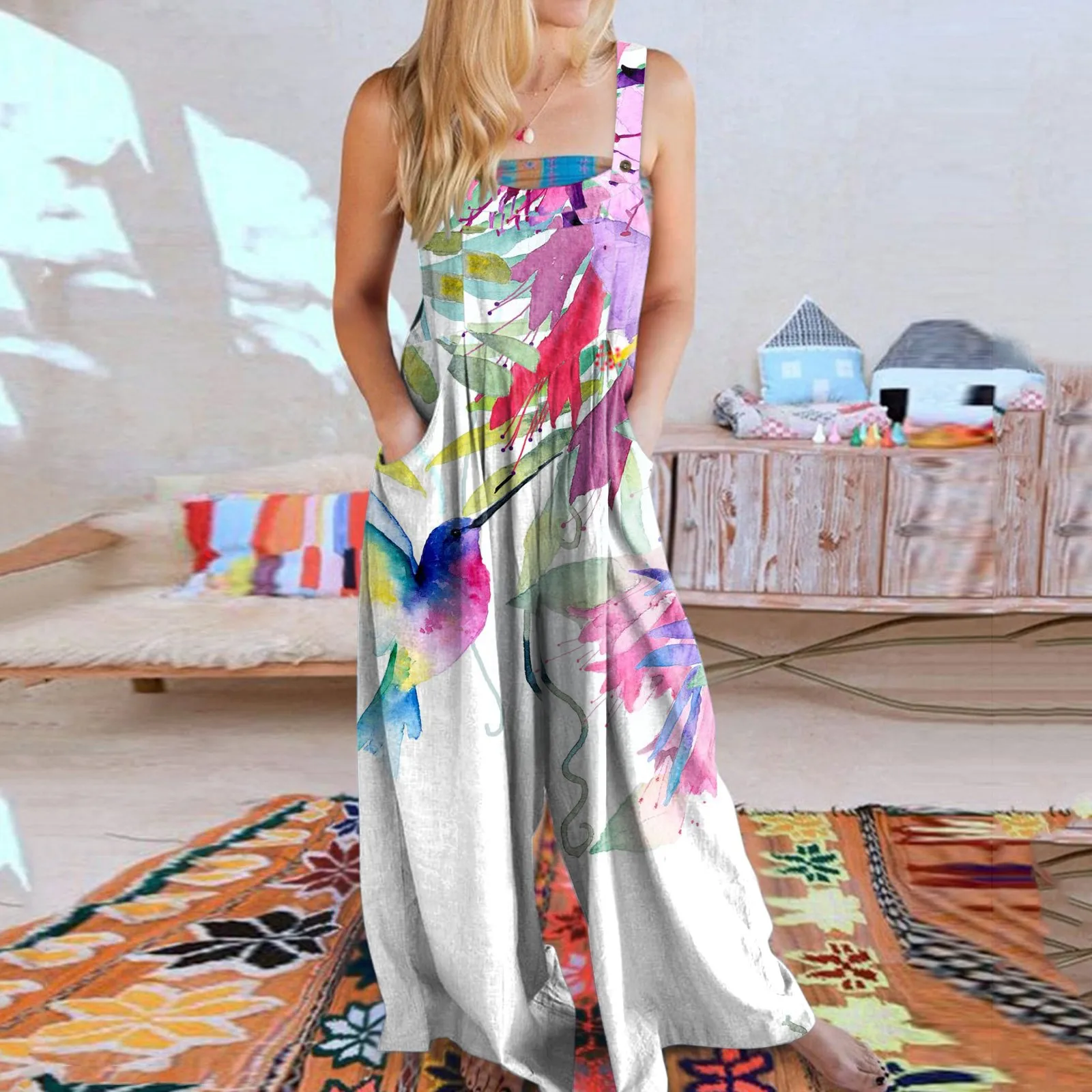 

Women Boho Overall Pants Retro Floral Print Sleeveless Jumpsuit Suspender Trousers with Pockets Female Loose Jumpsuits Plus Size