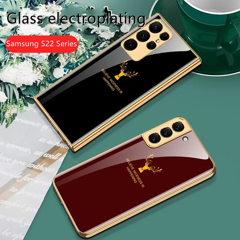 

Cartoon Phone Case For Samsung S22 Cover Ultra-thin Case Glass Full Coverage funda Scratch Proof for S22Plus S22Ultra Deer Plain
