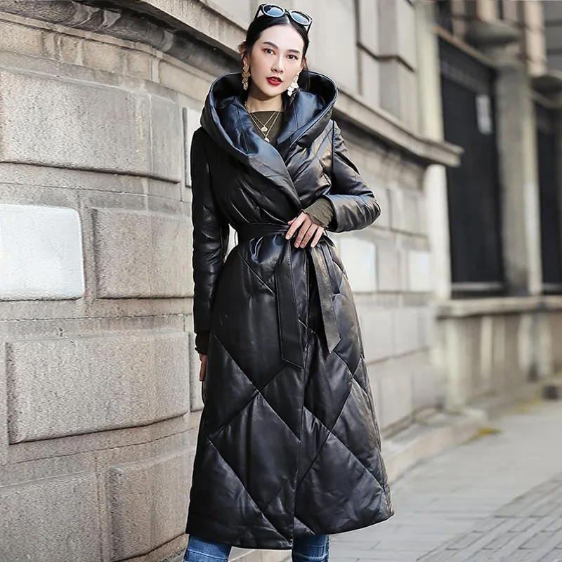 High-End Temperament Leather Down Jacket Women's Winter 2022 New Mid-Length Hooded Parkas Thickened White Duck Down Coat Female