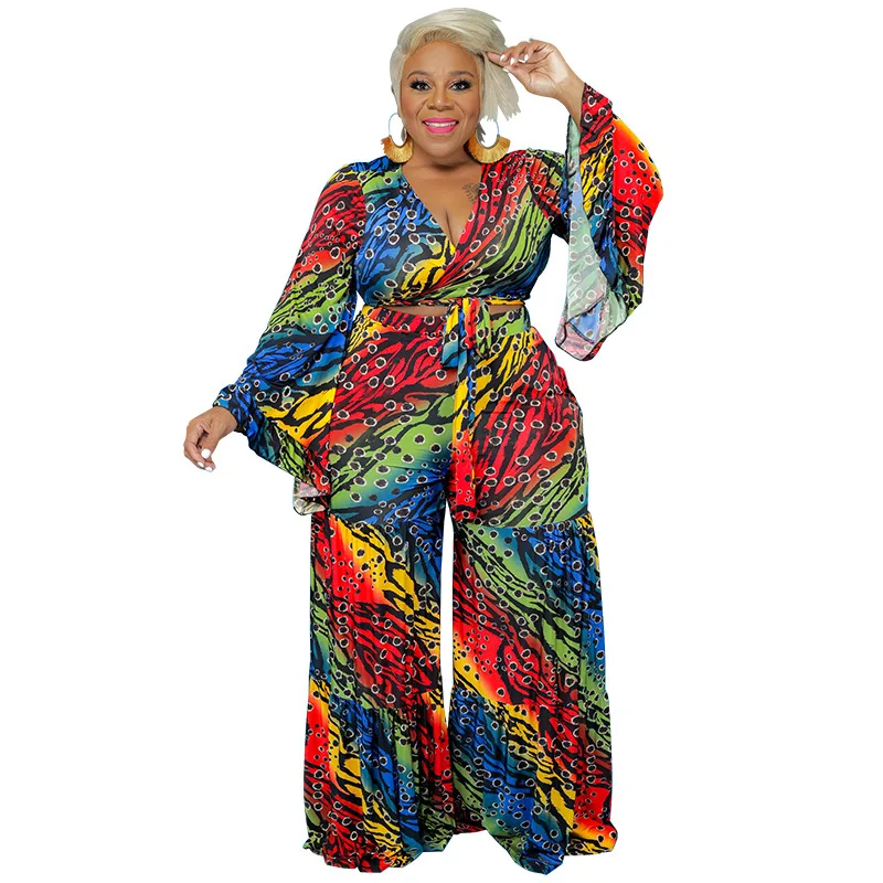 

Plus Size Women's Dashiki Two Piece Set 2022 Autumn New Style Flared Sleeve Top And Wide Leg Pants Fashion Matching Pant Sets
