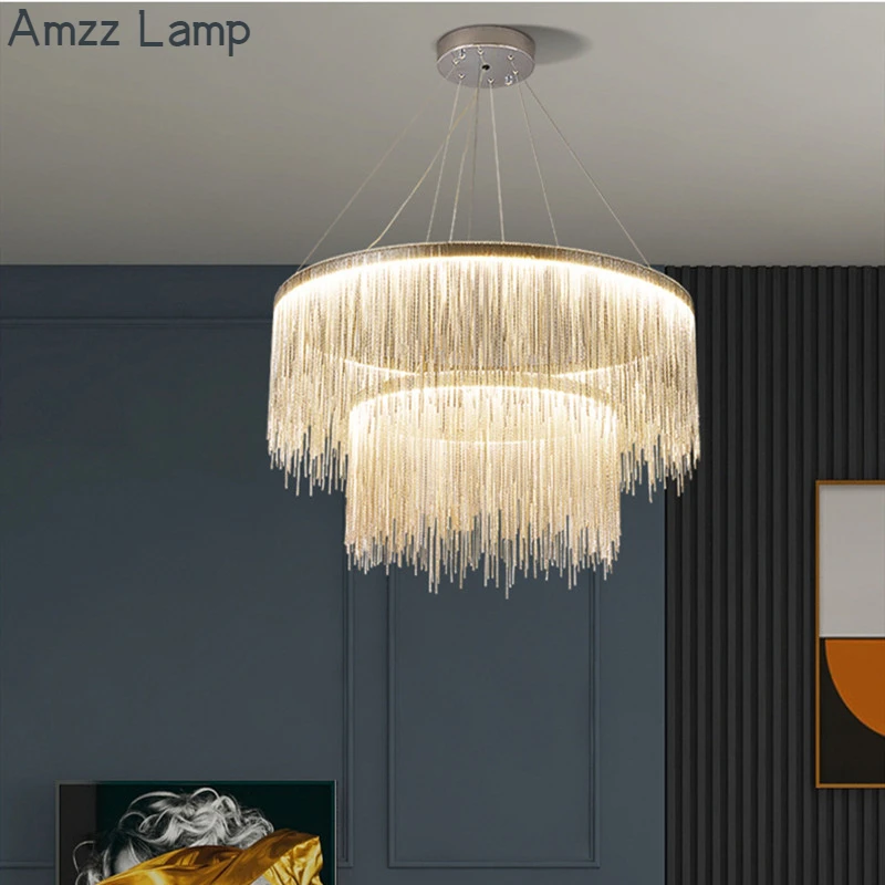 

Современная простая круглая Подвесная лампа во французском стиле для гостиной, креативная Роскошная цепочка с кисточками, лампа для столов...