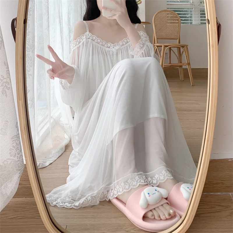 

Women Spaghetti Strap Sexy Nightgown Women White Sleepdress Embroidery Lacework Long Night Dress Mesh Princess Nightshirt D133