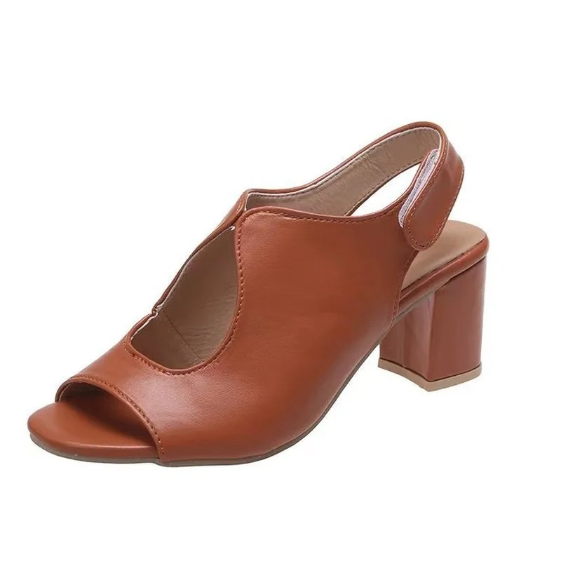 

Summer New Fish Mouth Sandals Women's 2022 Fashion Hollow Retro Brown Thick Heel Slingback Large Size 43 Women's Shoes
