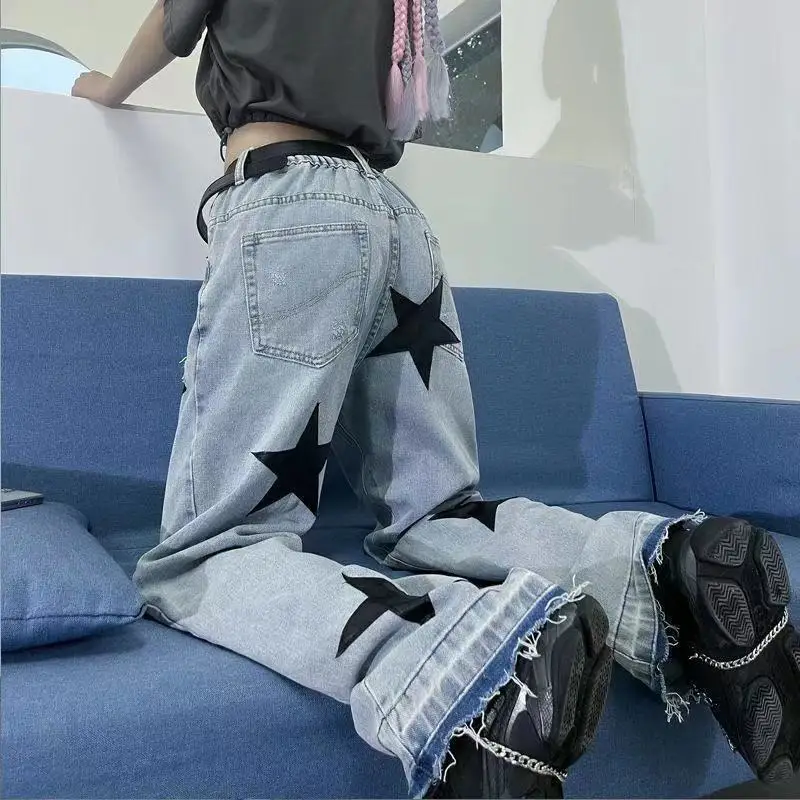 

Five-pointed star letter printed jeans women 2022 summer new hip-hop street loose straight-leg pants Gothic oversized trousers